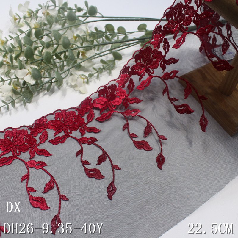 6m length Factory Wholesale Clothing Accessories Dress Lace Fabric 22cm wide red flower black Embroidery Lace Trim for women bra
