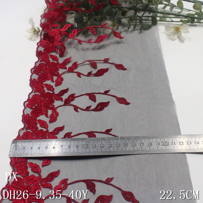 6m length Factory Wholesale Clothing Accessories Dress Lace Fabric 22cm wide red flower black Embroidery Lace Trim for women bra
