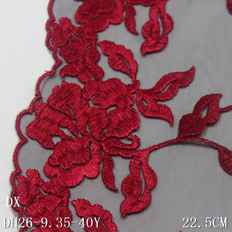 6m length Factory Wholesale Clothing Accessories Dress Lace Fabric 22cm wide red flower black Embroidery Lace Trim for women bra