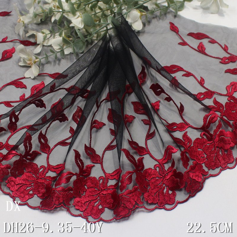 6m length Factory Wholesale Clothing Accessories Dress Lace Fabric 22cm wide red flower black Embroidery Lace Trim for women bra