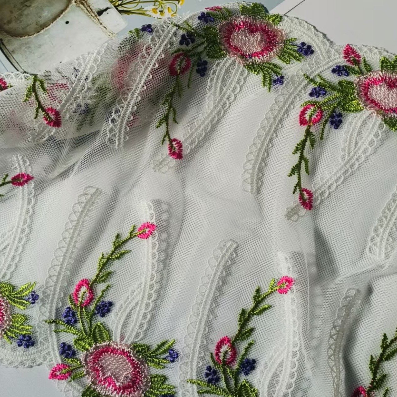 Sexy Lingerie Mesh floral Embroidered Lace fabric Colorful Flower Shape 23cm Embroidery Lace trim for Women Underwear