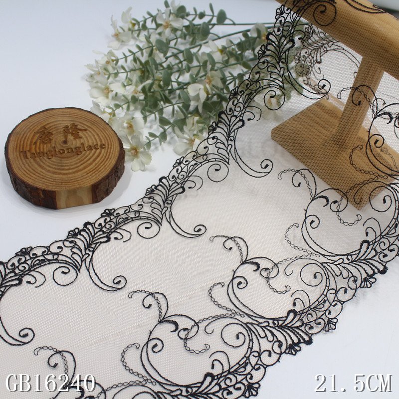 Classical 21cm wide Embroidered Black net tulle Lace trim fancy flower lace for women lingerie Accessories