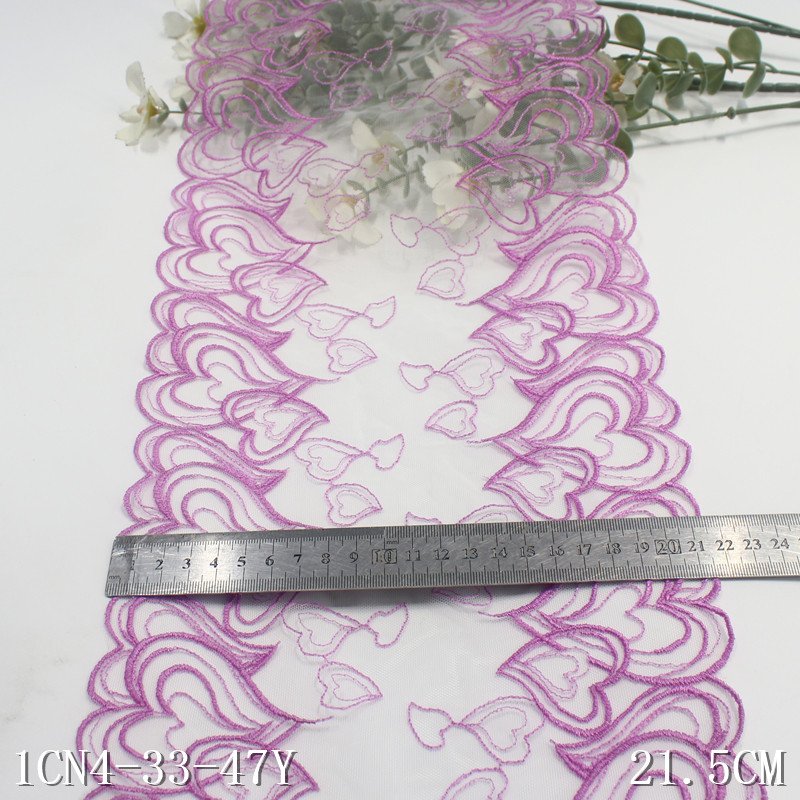 Manufacturer Wholesale white Embroidered Tulle Lace Border 21cm purple love heart shape Embroidery Lace Trim for women