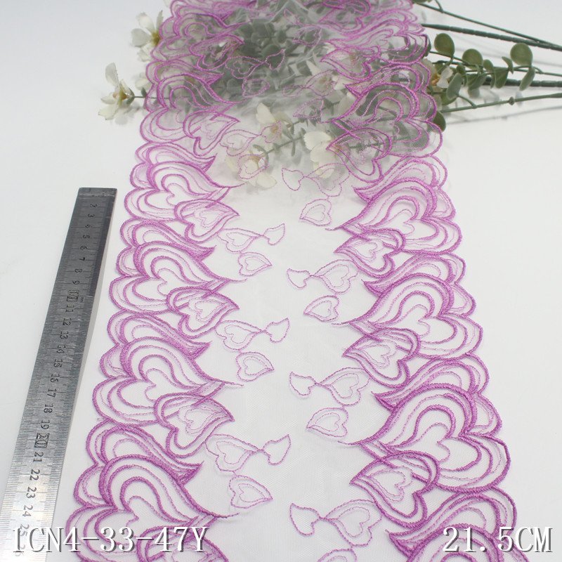 Manufacturer Wholesale white Embroidered Tulle Lace Border 21cm purple love heart shape Embroidery Lace Trim for women