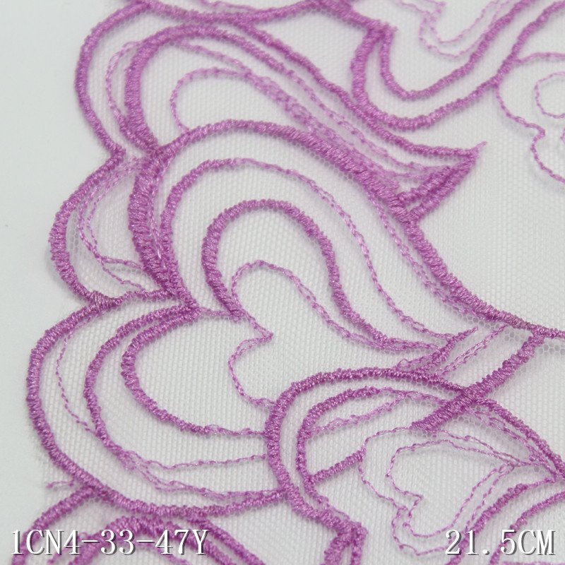 Manufacturer Wholesale white Embroidered Tulle Lace Border 21cm purple love heart shape Embroidery Lace Trim for women