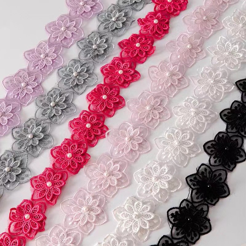 Wholesale 6cm cheap Price Chiffon Pearl Flower Embroidered Lace Trim Bridal Wedding Lace Trim