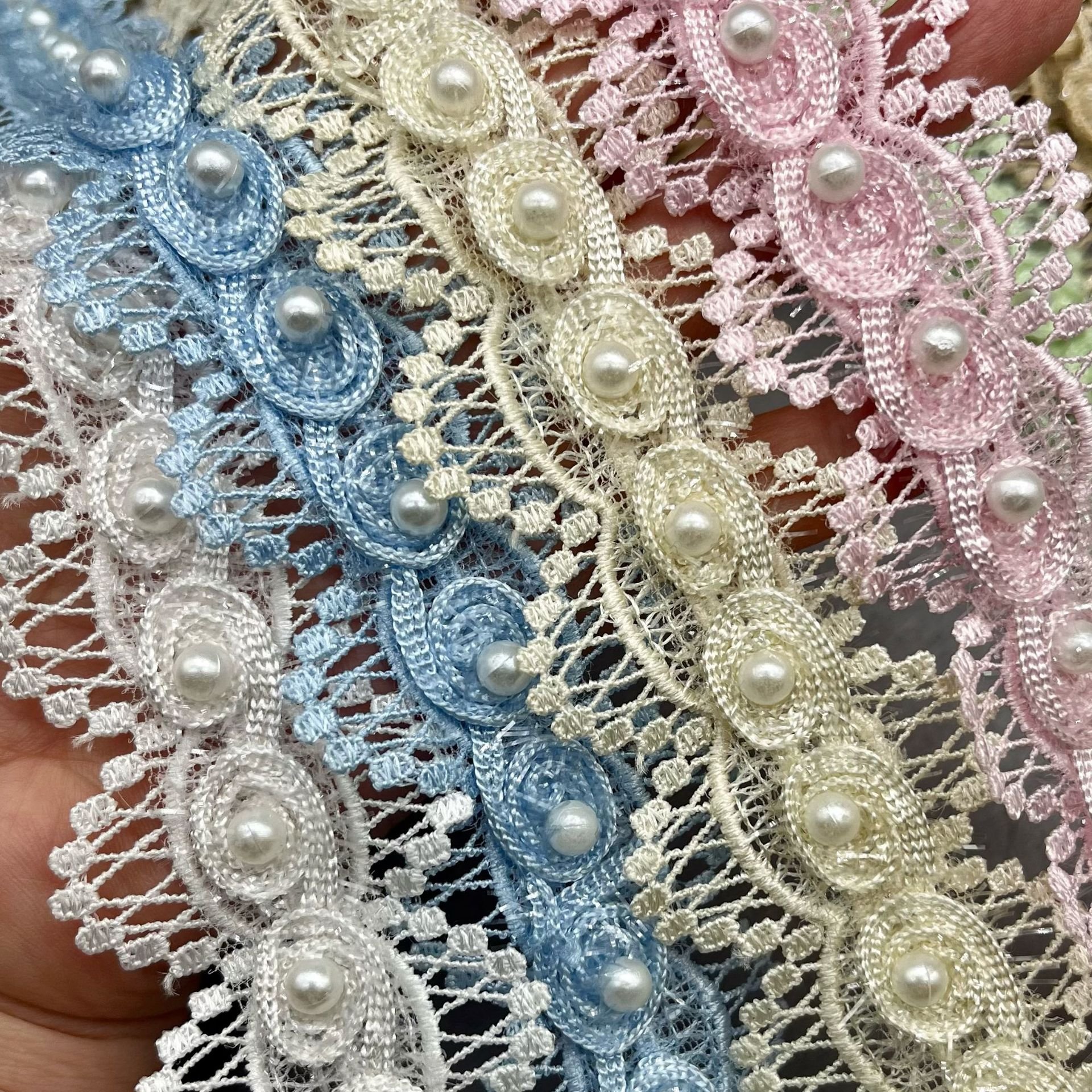 LS056 4.2cm Polyester Beaded Lace Trim Water soluble Embroidery Lace Trimming For Wedding Dress Children's Clothing Decoration