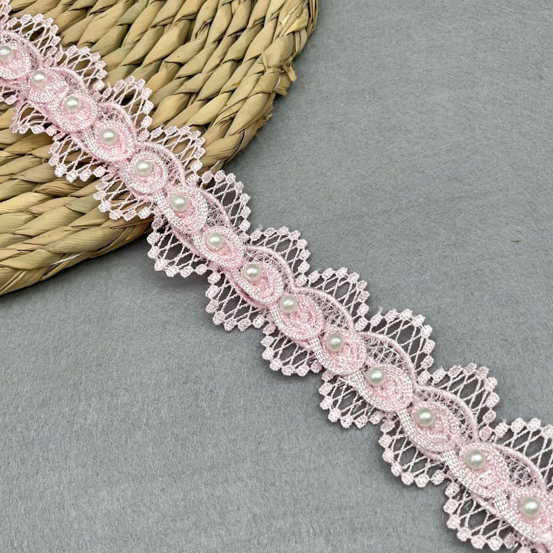 LS056 4.2cm Polyester Beaded Lace Trim Water soluble Embroidery Lace Trimming For Wedding Dress Children's Clothing Decoration