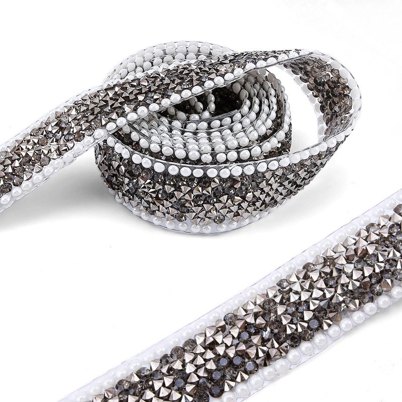 Customized Long Pearl Rhinestone Lace Hot Melt Glue Chain Drill Strip Beaded Lace Trim