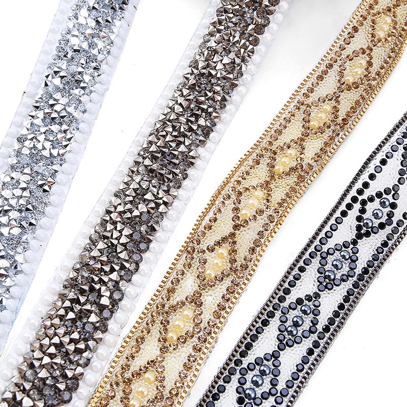Customized Long Pearl Rhinestone Lace Hot Melt Glue Chain Drill Strip Beaded Lace Trim