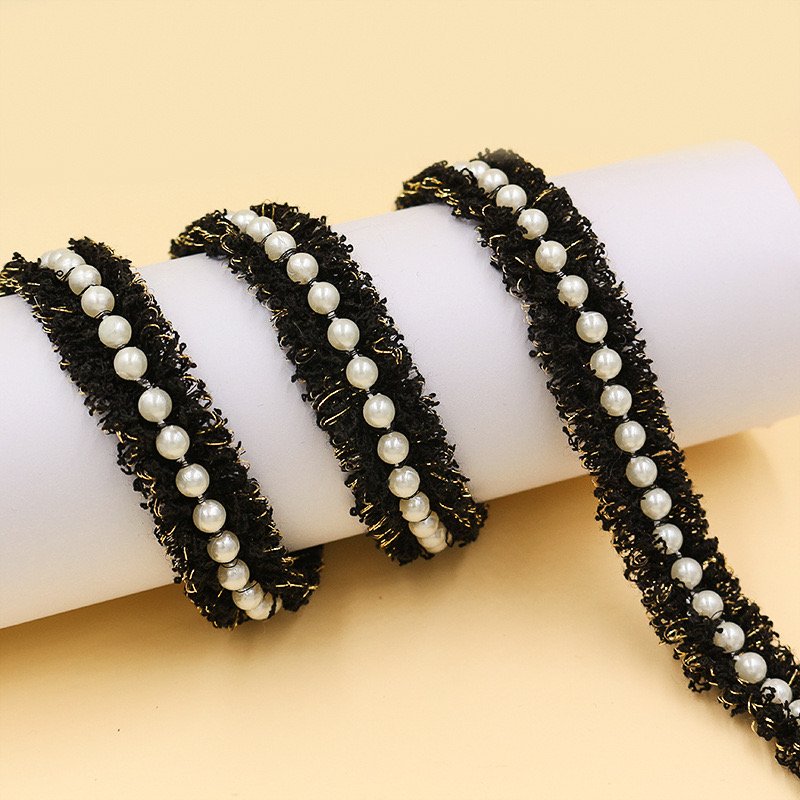 Fashion design 2cm width polyester white and black beads lace african trimming for dress sew lace trim