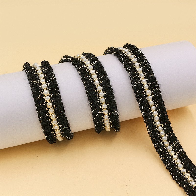 Fashion design 2cm width polyester white and black beads lace african trimming for dress sew lace trim