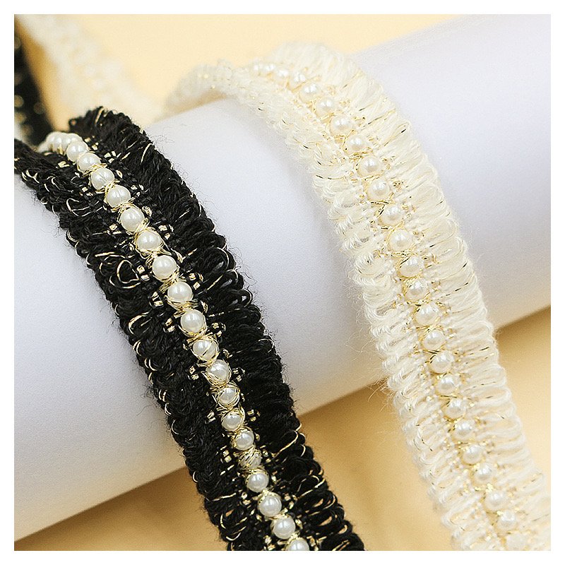 Fashion design 2cm width polyester white and black beads lace african trimming for dress sew lace trim