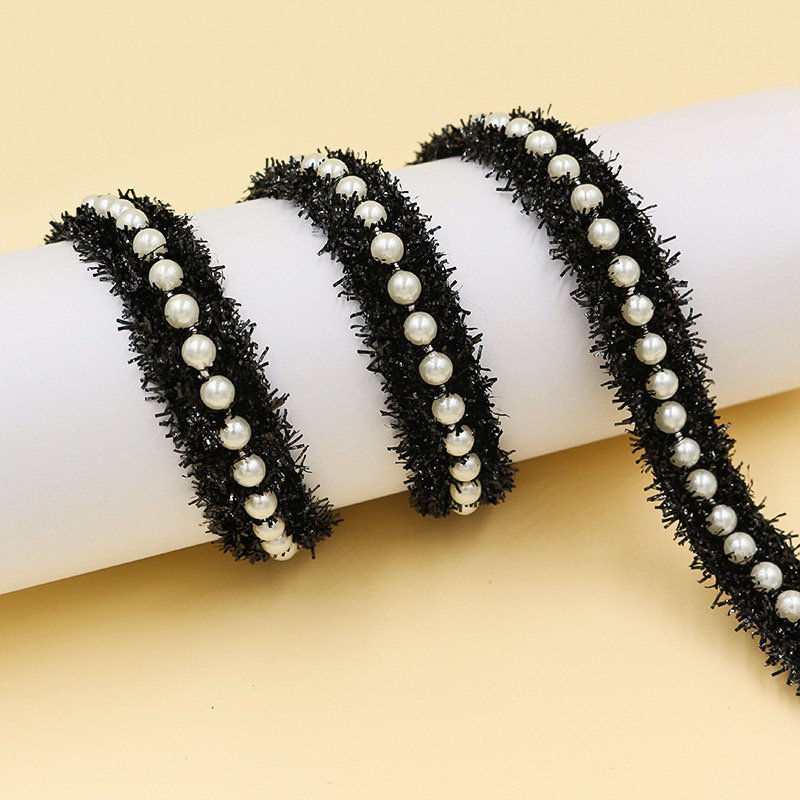 Fashion design 2cm width polyester white and black beads lace african trimming for dress sew lace trim