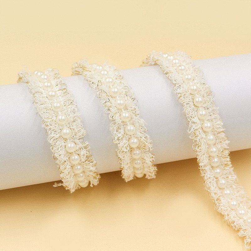 Fashion design 2cm width polyester white and black beads lace african trimming for dress sew lace trim