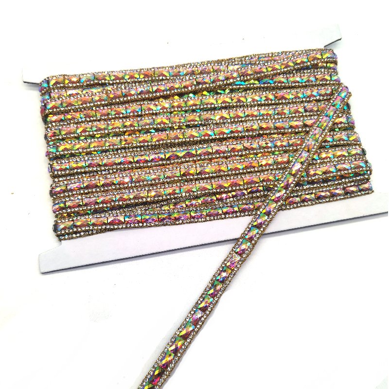 In Stock Adhesive Crystal Ribbon Trimming Pink AB Hot Fix Gems Applique Trims For Carnival Garment Processing Decors