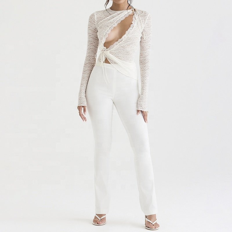 Women Fashion Clothing Designers Wholesale Factory Oem Custom Ivory Floral Lace Trim Top Blouse
