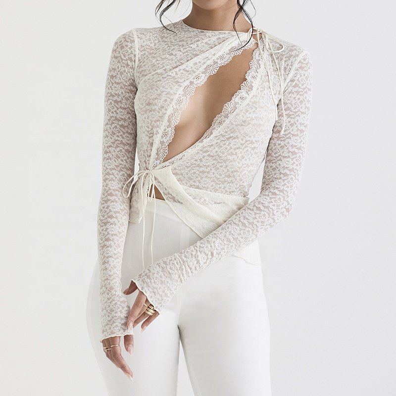 Women Fashion Clothing Designers Wholesale Factory Oem Custom Ivory Floral Lace Trim Top Blouse