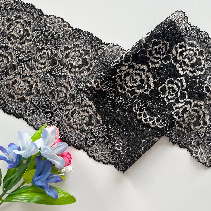 latest Design Stock black 15cm daisy flower lace elastic lace trim for lingerie and fashion women dresses