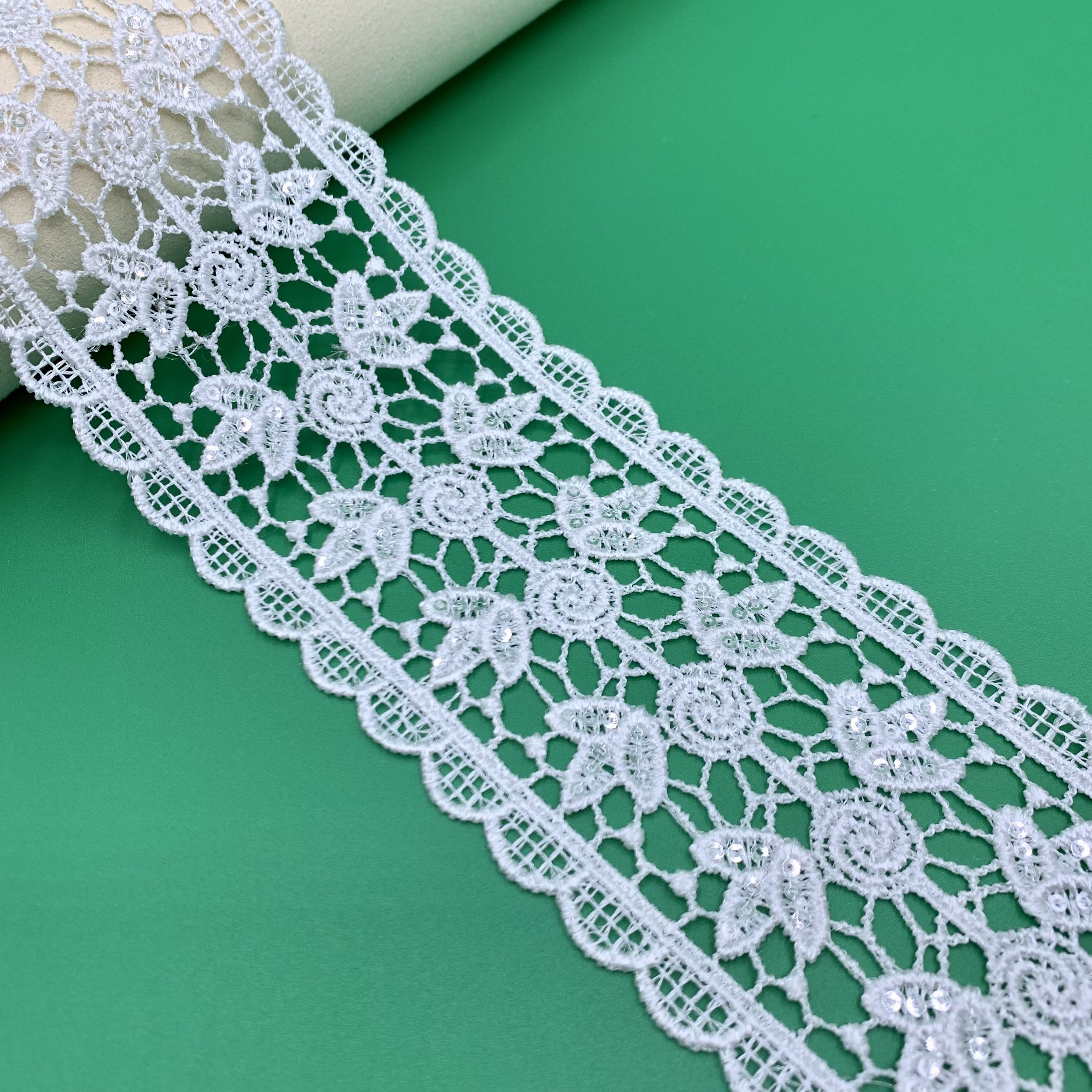 Apparel Sewing lace white shiny Water soluble polyester Embroidery sequin lace trim