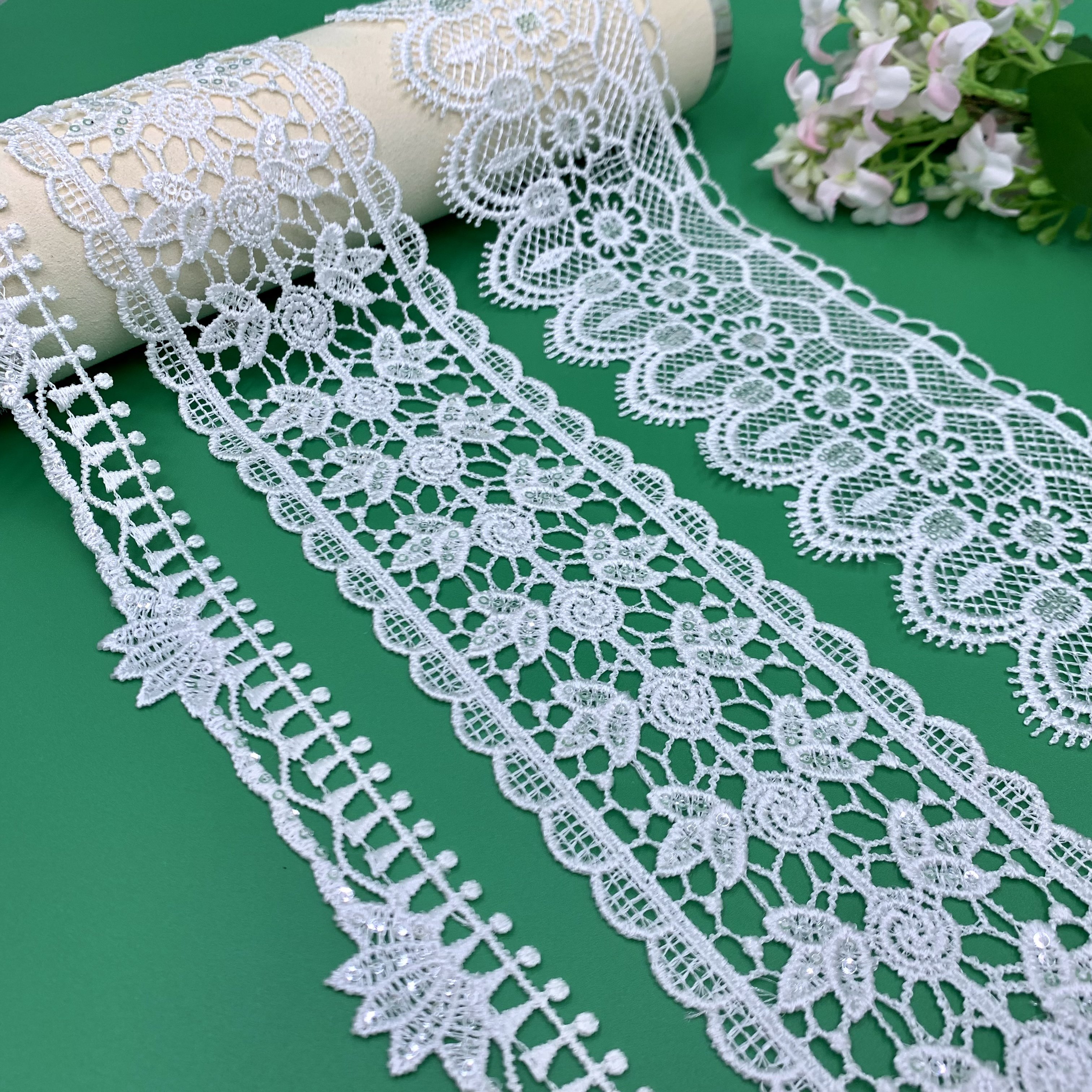 Apparel Sewing lace white shiny Water soluble polyester Embroidery sequin lace trim