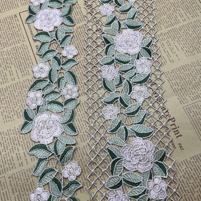 width 95 mm 70 mm Green Water Soluble 2 tones Lace Trimming Polyester bar code leaves flower Lace ribbon for dress curtain