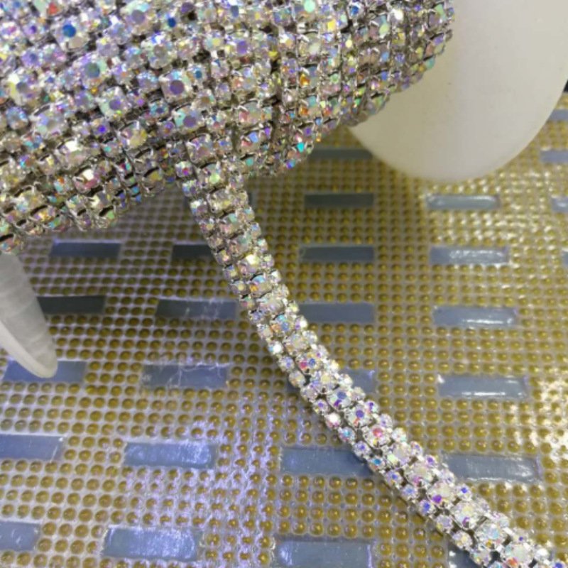Junjiao Crystal Wholesale Rhinestone Chain 3 Rows 10 Yard Fashion Rhinestone Chain Trim Sew on Rhinestones For Garments
