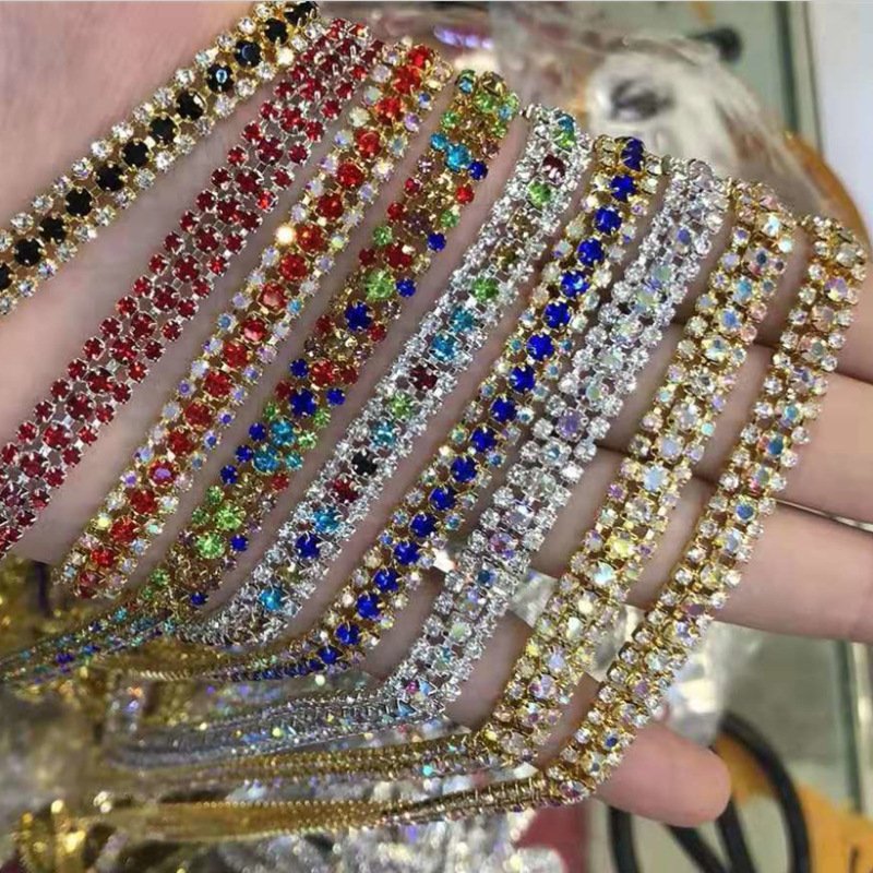 Junjiao Crystal Wholesale Rhinestone Chain 3 Rows 10 Yard Fashion Rhinestone Chain Trim Sew on Rhinestones For Garments