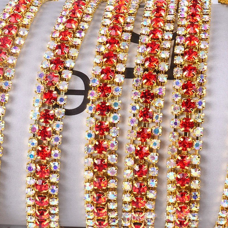 Junjiao Crystal Wholesale Rhinestone Chain 3 Rows 10 Yard Fashion Rhinestone Chain Trim Sew on Rhinestones For Garments