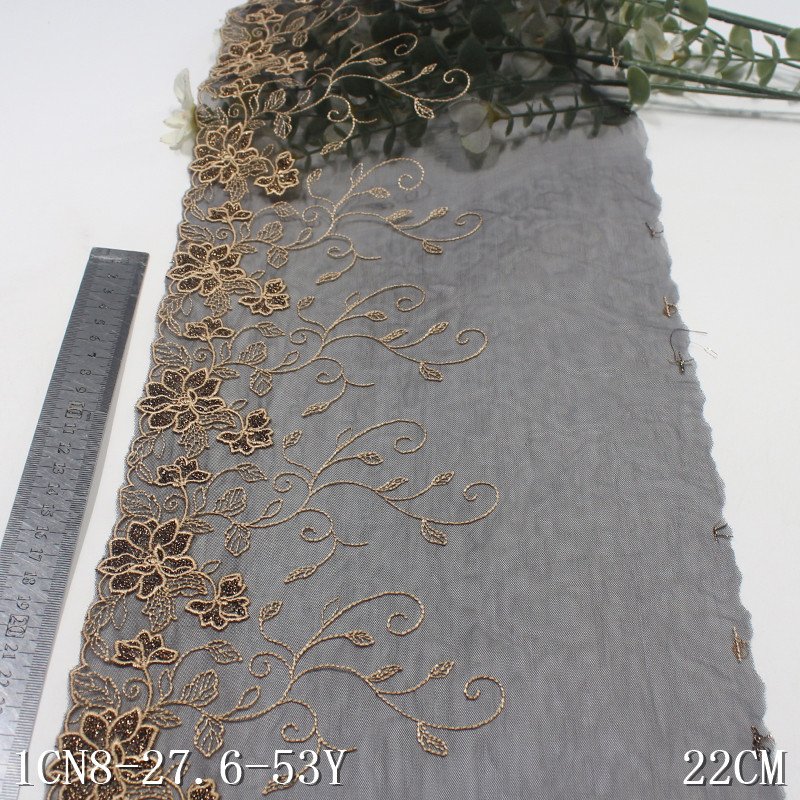 2024 Shiny flowers with metallic Embroidery Lace 22cm wide black mesh Embroidered brocade Lace border Trim For sexy Lingerie