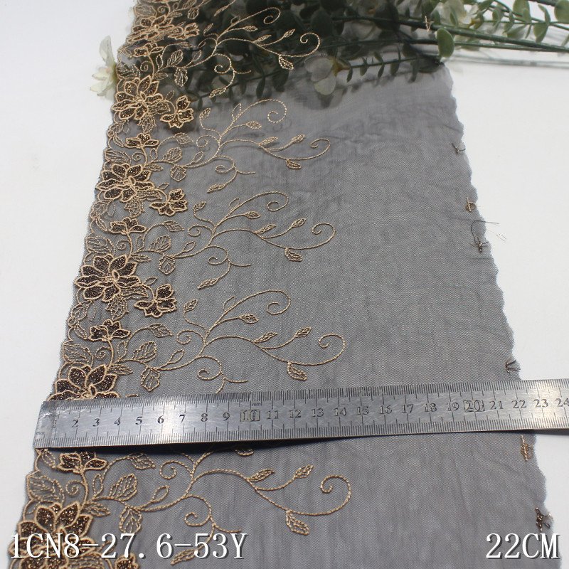 2024 Shiny flowers with metallic Embroidery Lace 22cm wide black mesh Embroidered brocade Lace border Trim For sexy Lingerie