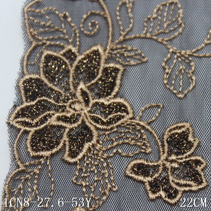 2024 Shiny flowers with metallic Embroidery Lace 22cm wide black mesh Embroidered brocade Lace border Trim For sexy Lingerie