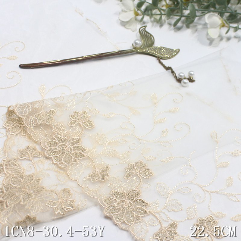 2024 Shiny flowers with metallic Embroidery Lace 22cm wide black mesh Embroidered brocade Lace border Trim For sexy Lingerie