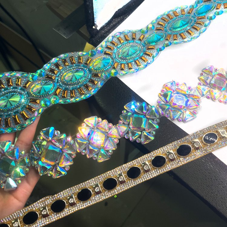 Custom swimwear jewelry materials rhinestone trim for Trinidad carnival costumes production