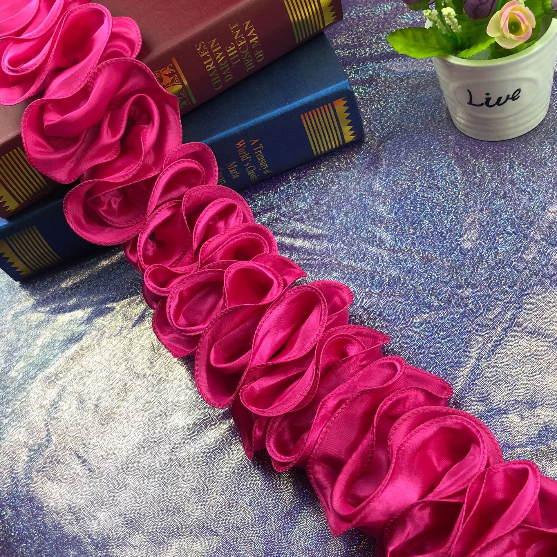 Factory flower lace trim dress trimmings satin waves fabric trim ribbon handmade baby headband flowers for clothing decoration