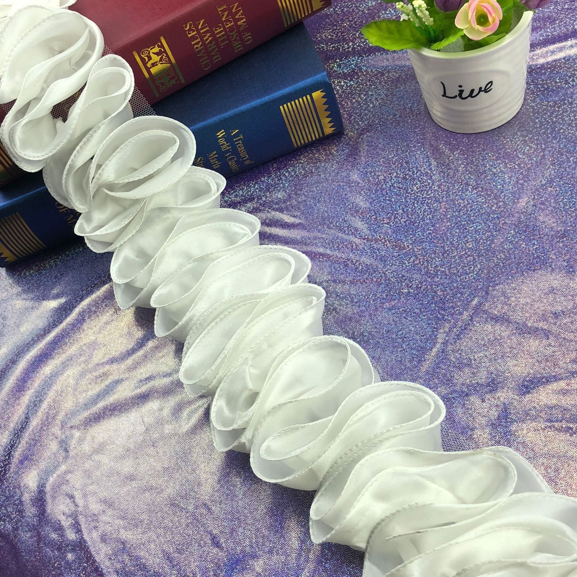 Factory flower lace trim dress trimmings satin waves fabric trim ribbon handmade baby headband flowers for clothing decoration