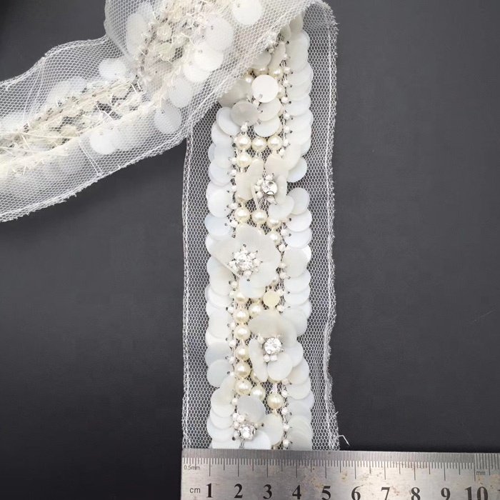 Hot sell embroidered sequin pearls beads trim for party dress