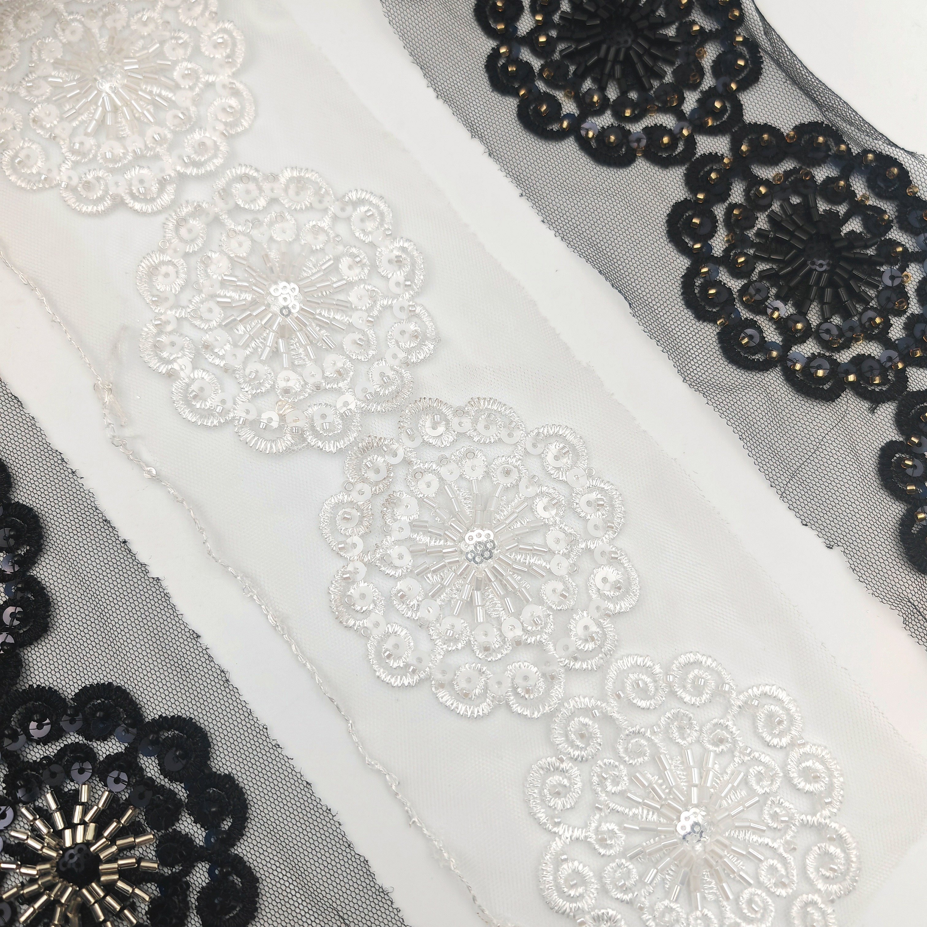 China Wholesale Bridal Luxury flower glass Beads trim sequin fabric Tube Lace Trim for wedding dress