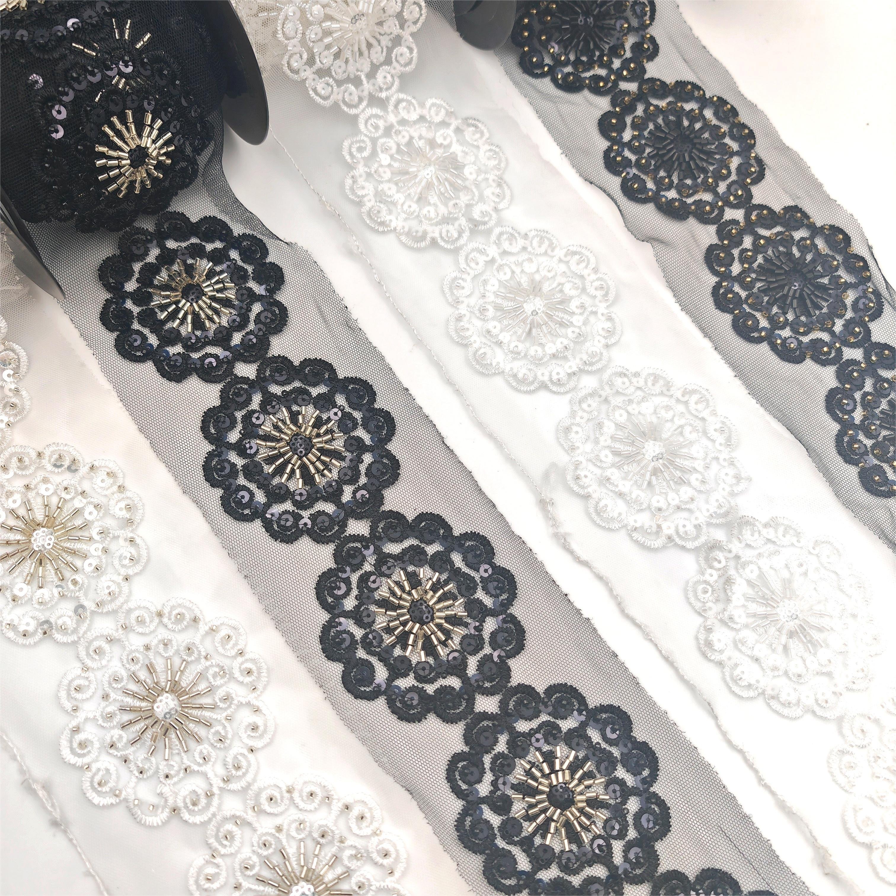 China Wholesale Bridal Luxury flower glass Beads trim sequin fabric Tube Lace Trim for wedding dress