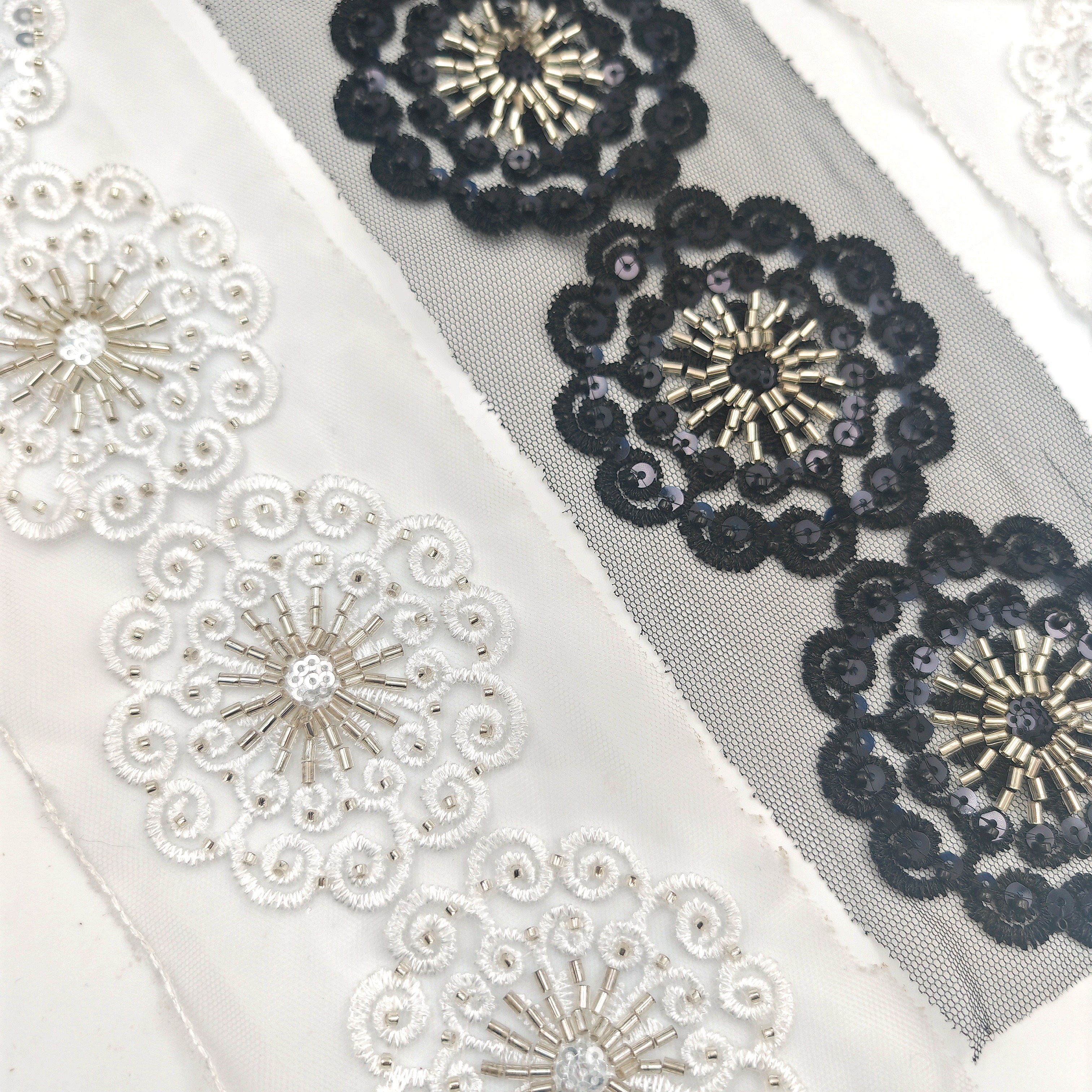 China Wholesale Bridal Luxury flower glass Beads trim sequin fabric Tube Lace Trim for wedding dress