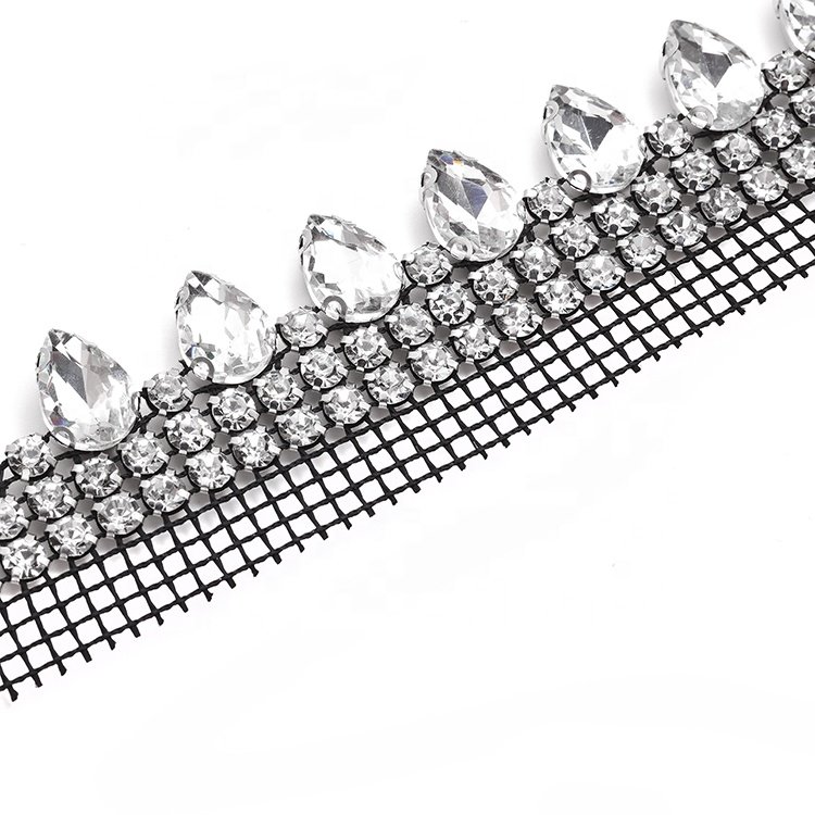 Hot sale mesh drill three rows of 10*14 water drops mesh diy clothing shoes hat accessories crystal chain trim glass