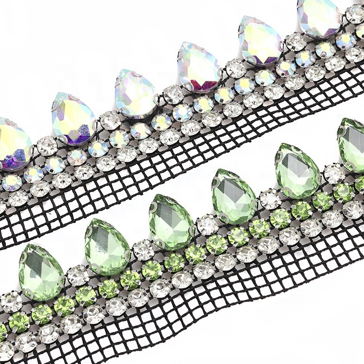 Hot sale mesh drill three rows of 10*14 water drops mesh diy clothing shoes hat accessories crystal chain trim glass