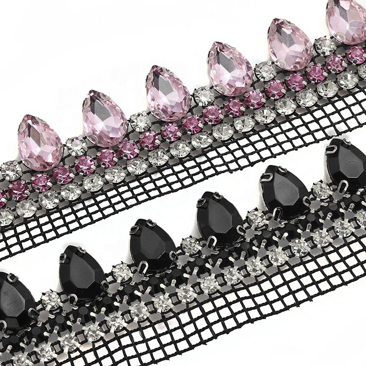 Hot sale mesh drill three rows of 10*14 water drops mesh diy clothing shoes hat accessories crystal chain trim glass
