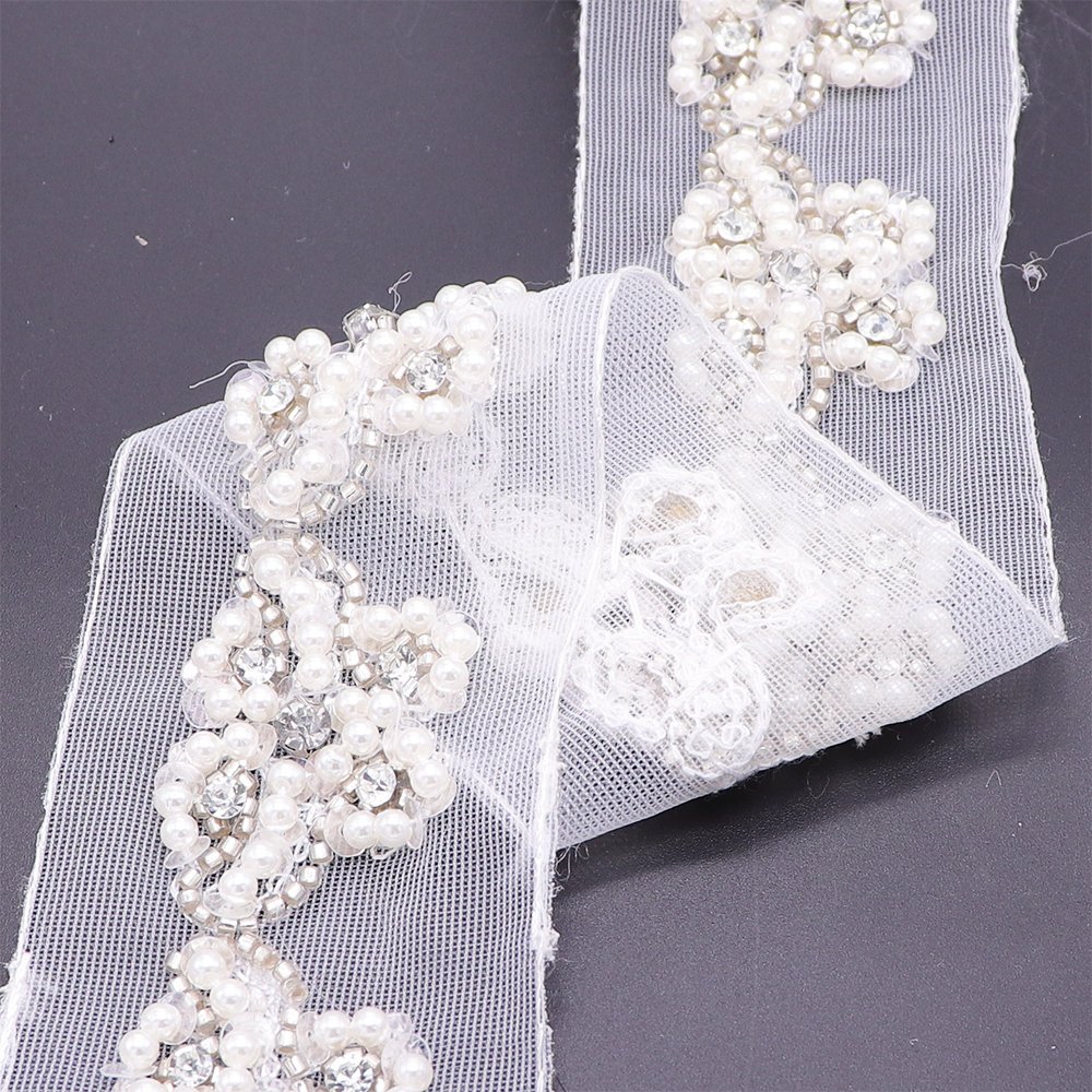 Best Designer Wedding Dress Lace Trim Hand Sewing Pearl Decorative Tape White Lace Trim With Rhinestones