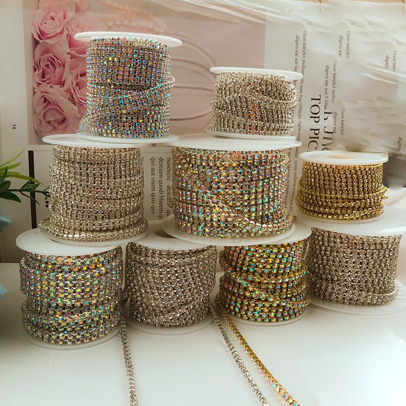 yantuo wholesale bulk 2mm ,3mm,4mm clear,crystal AB brass close strass rhinestones cup Trimming chain for jewelry making,DIY