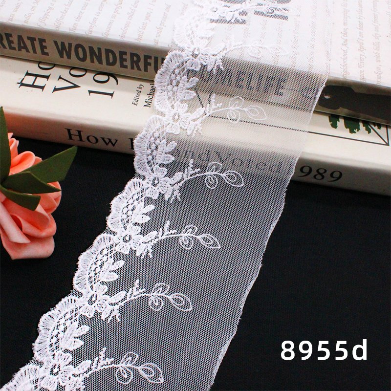 Wholesale White Trim Lace Water Soluble Embroidery Trim for Dresses Milk silk Material Tulle Lace on Knitted Mesh lace