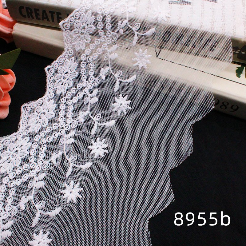 Wholesale White Trim Lace Water Soluble Embroidery Trim for Dresses Milk silk Material Tulle Lace on Knitted Mesh lace
