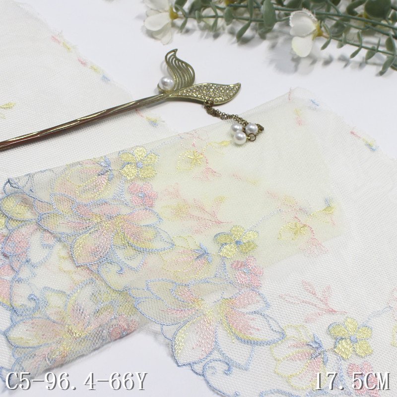 Stock 17cm beige muesh lace trim floral embroidery encaje lace fabric kg embroidered tulle laces fabrics for women