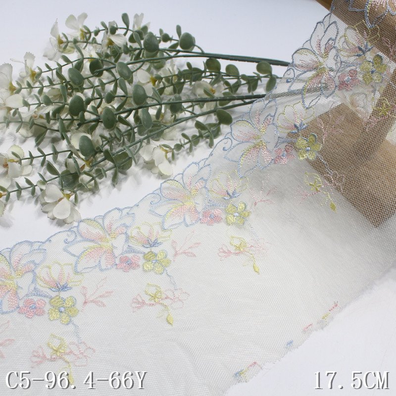 Stock 17cm beige muesh lace trim floral embroidery encaje lace fabric kg embroidered tulle laces fabrics for women
