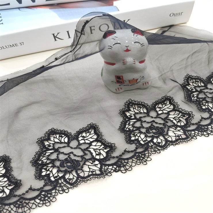 High Quality Fashion 21cm wide Embroidered Flower Black mesh Lace trim for women lingerie underwear